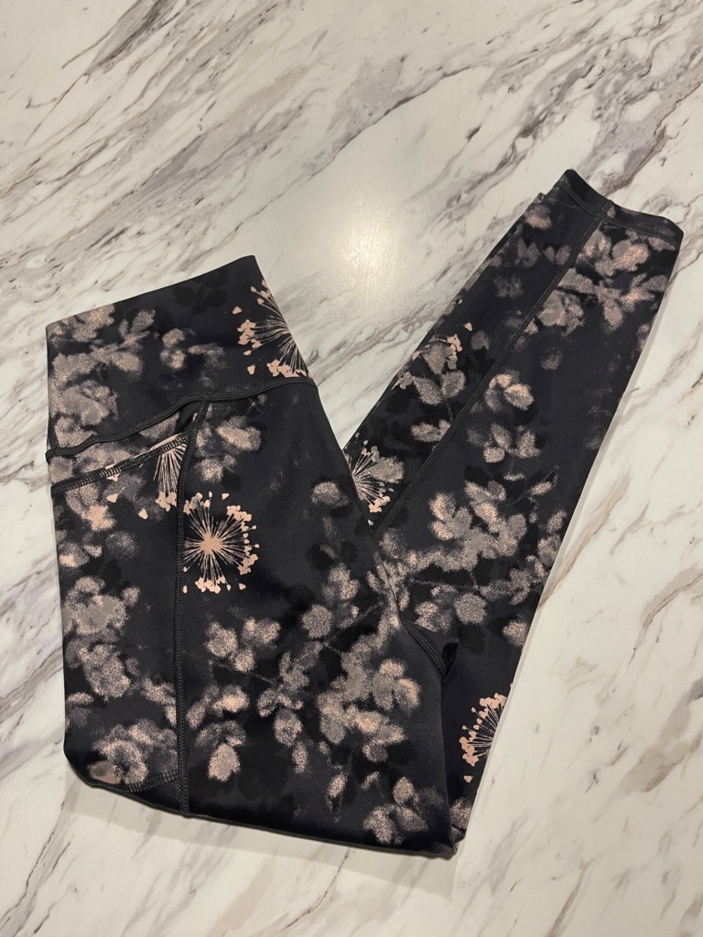 Sweaty Betty Black Leggings with Pale Pink Floral Burst